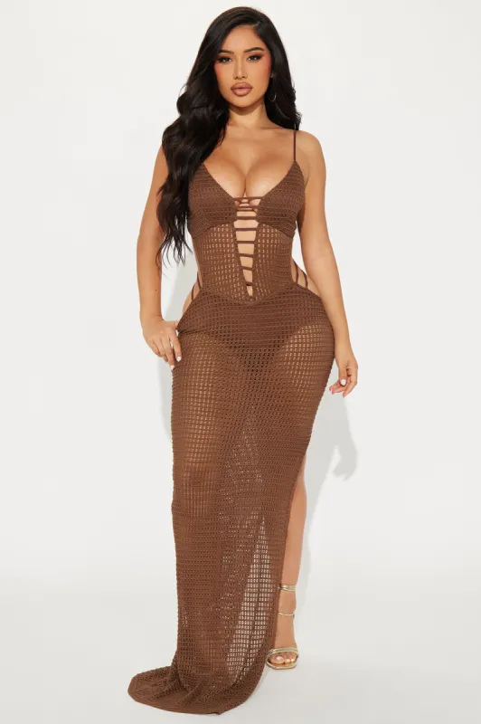 Kaelyn Crochet Maxi Dress - Chocolate sold by Fashion Nova