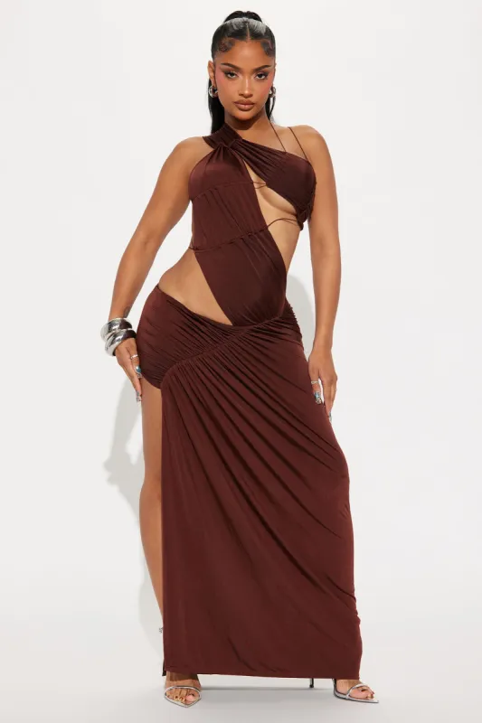 Ella Asymmetrical Maxi Dress - Brown sold by Fashion Nova