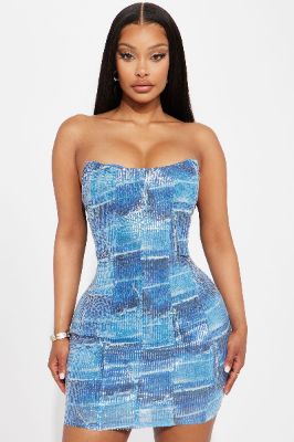 A Denim Affair Sequin Mini Dress - Blue sold by Fashion Nova