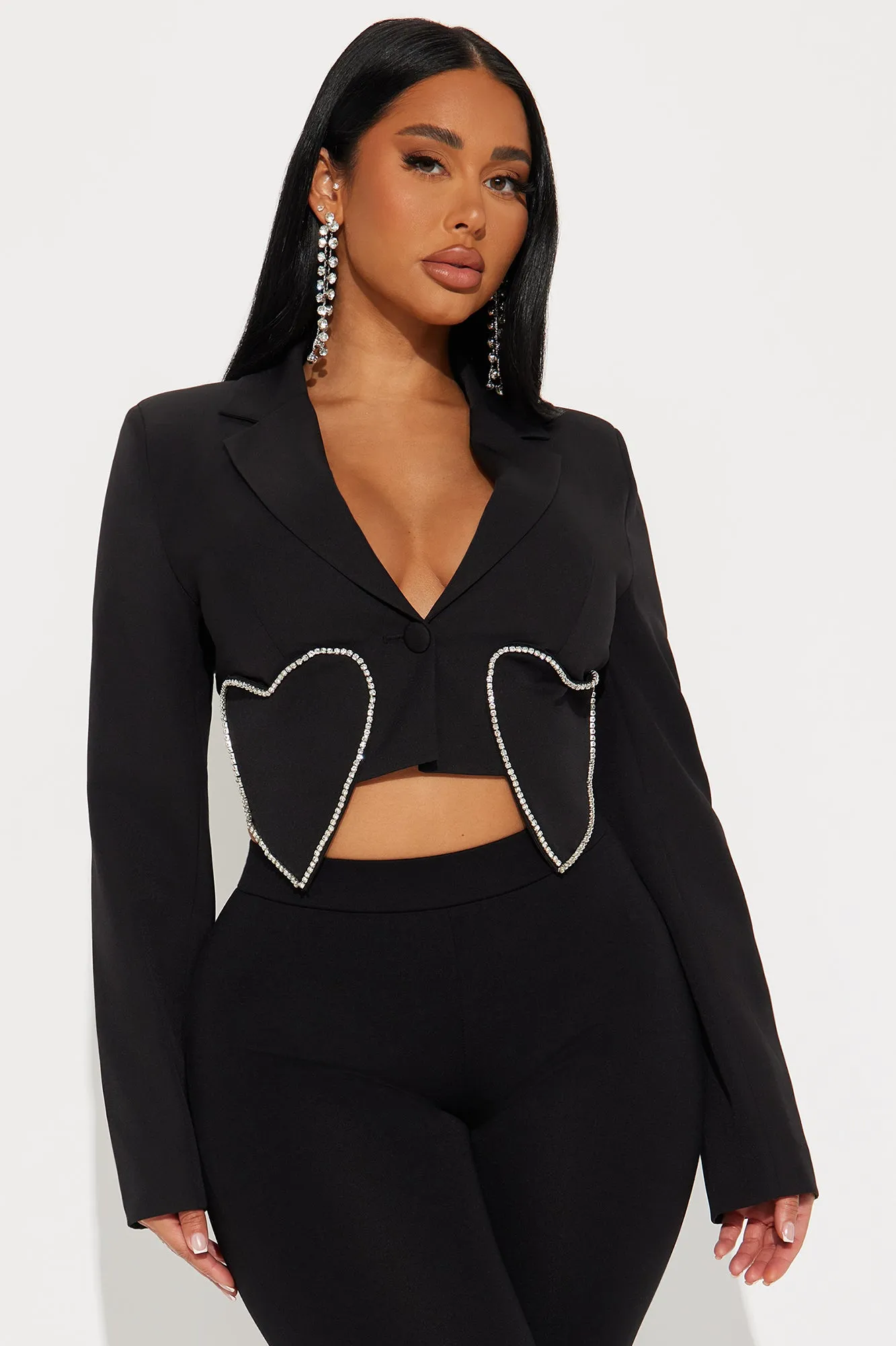 Open Your Heart Rhinestone Cropped Blazer - Black sold by Fashion Nova