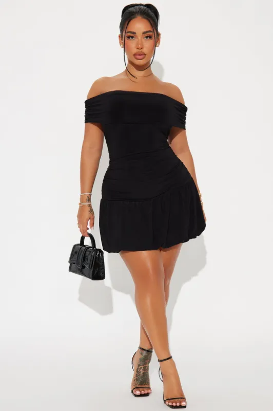 Wild One Off Shoulder Bubble Mini Dress - Black sold by Fashion Nova