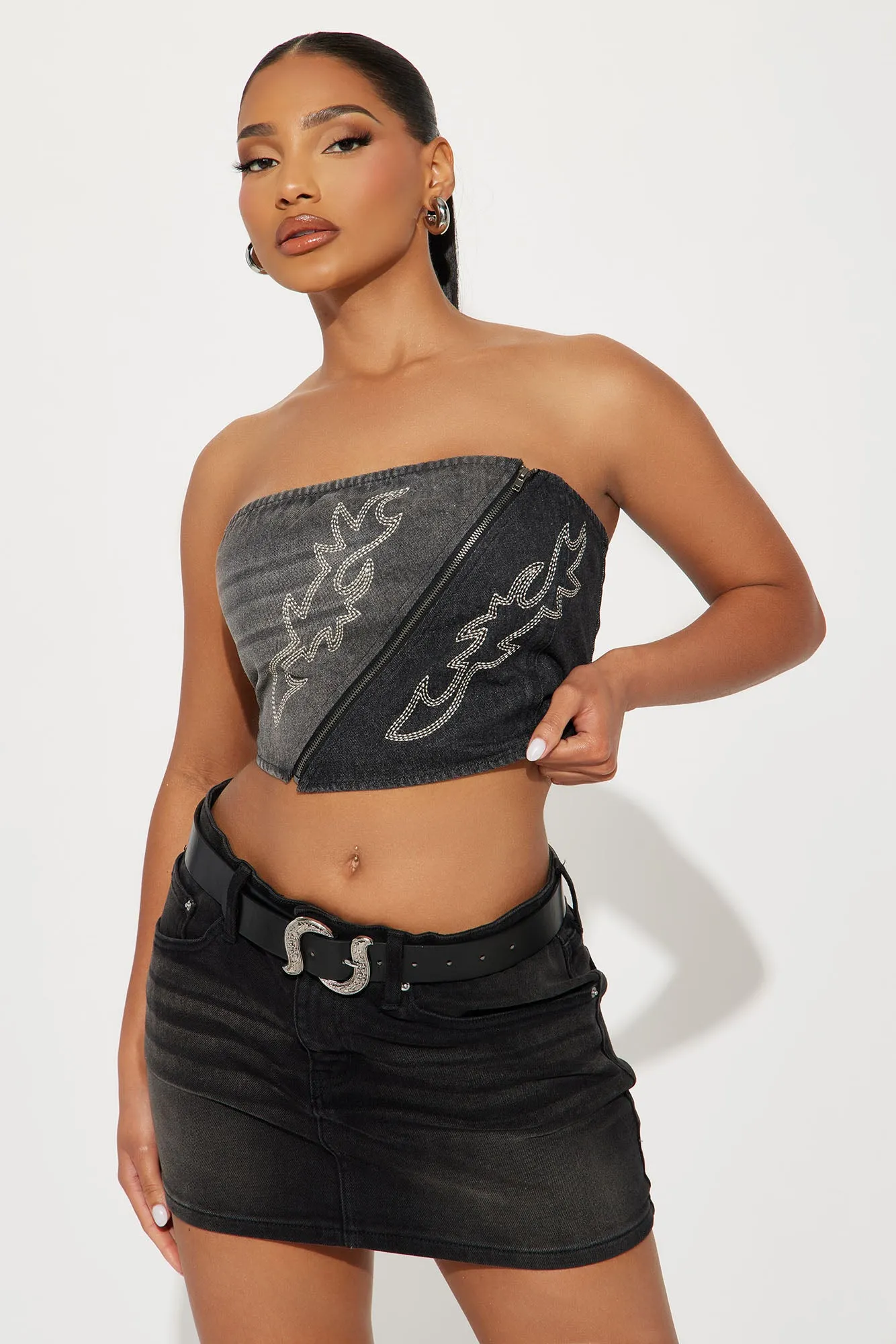Ride It Embroidered Denim Top - Black Wash sold by Fashion Nova