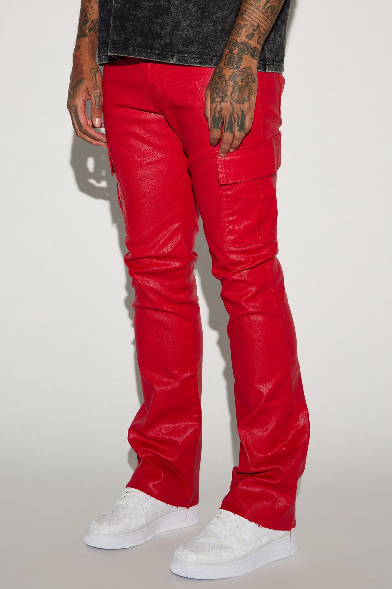 Better Be Cargo Waxed Skinny Flared Pants - Red sold by Fashion Nova