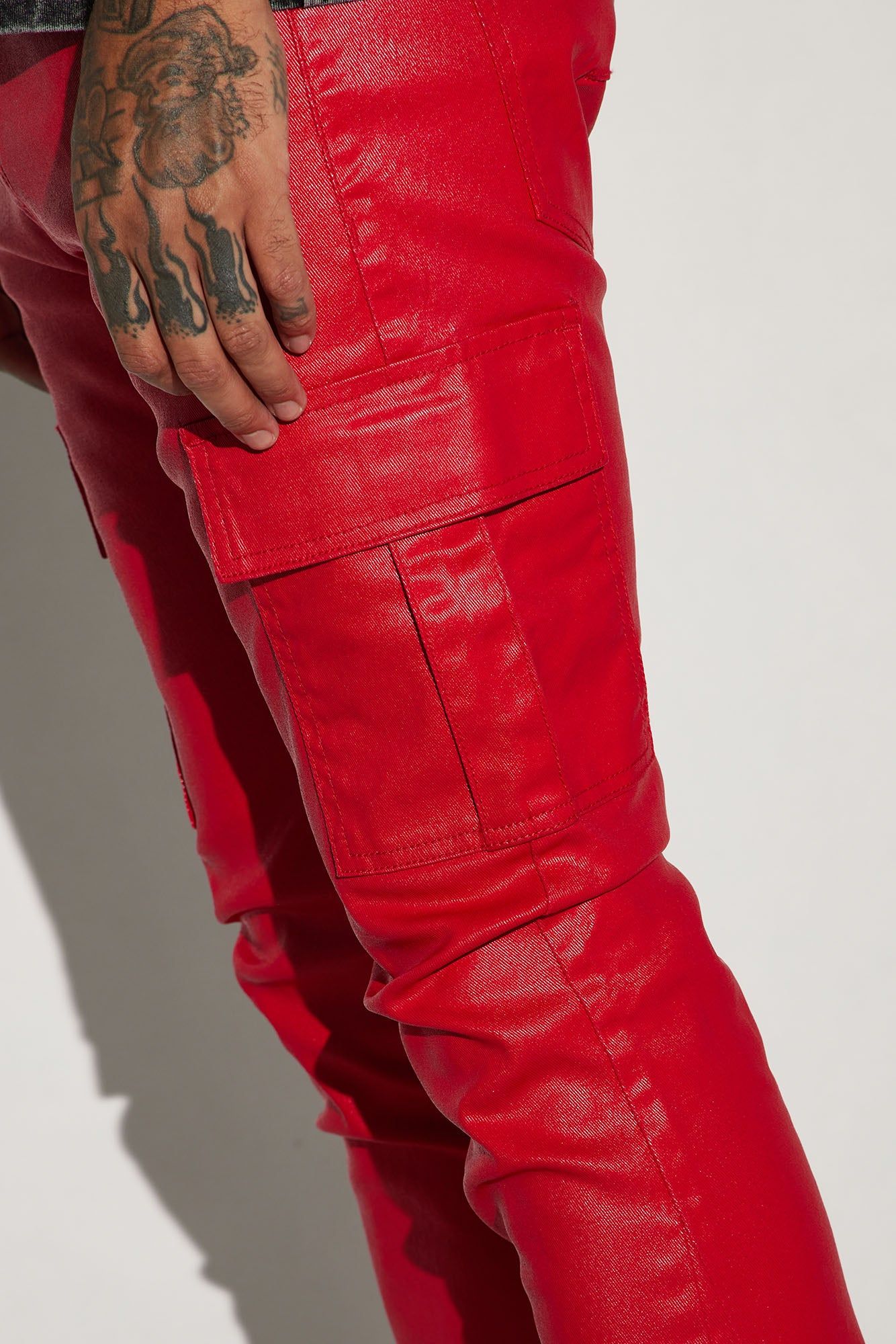Better Be Cargo Waxed Skinny Flared Pants - Red sold by Fashion Nova product image thumbnail 4