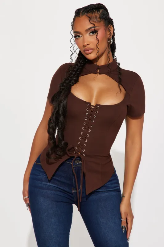 Read My Lips Lace Up Corset - Chocolate sold by Fashion Nova
