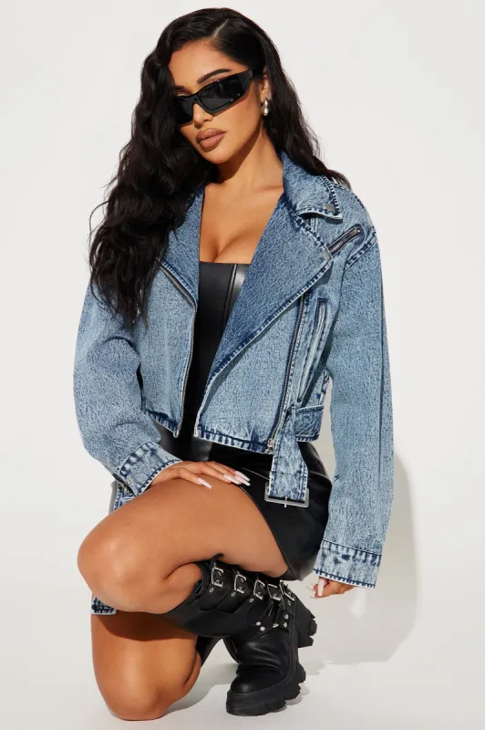 Making Appearances Acid Wash Denim Moto Jacket - Medium Wash sold by Fashion Nova