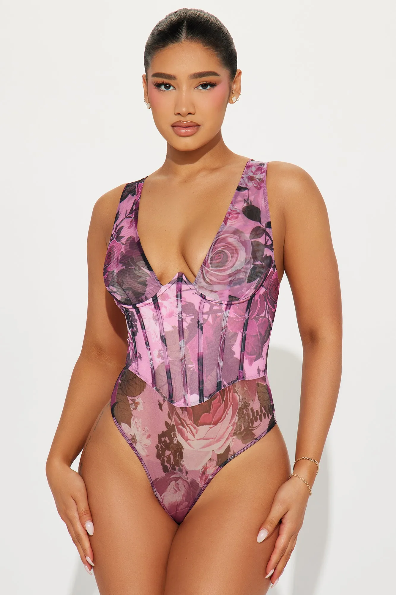 Marlene Floral Mesh Bodysuit - Purple/combo sold by Fashion Nova