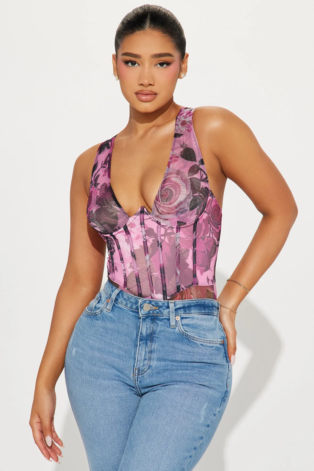 Marlene Floral Mesh Bodysuit - Purple/combo sold by Fashion Nova product image thumbnail 3