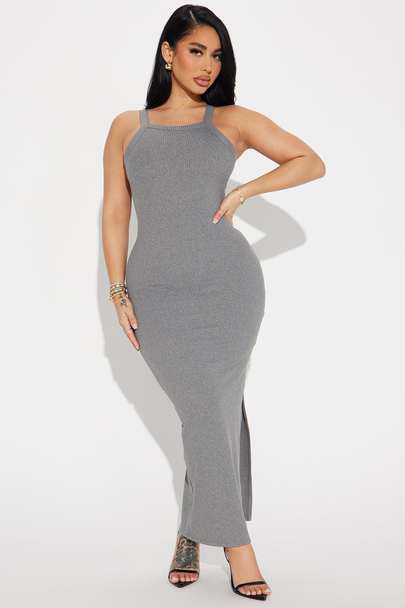 Meena Ribbed Maxi Dress - Charcoal sold by Fashion Nova