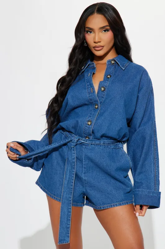Dont Bother Me Denim Romper - Medium Wash sold by Fashion Nova