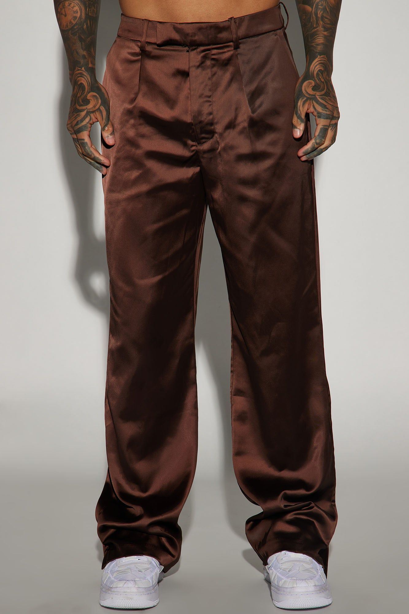 Florence Satin Relaxed Flare Trousers - Dark Brown sold by Fashion Nova