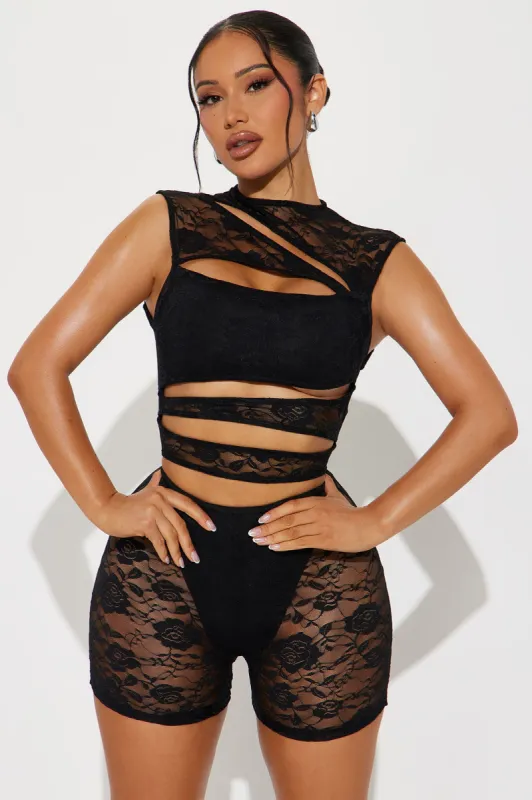 Late Night Drinks Lace Romper - Black sold by Fashion Nova