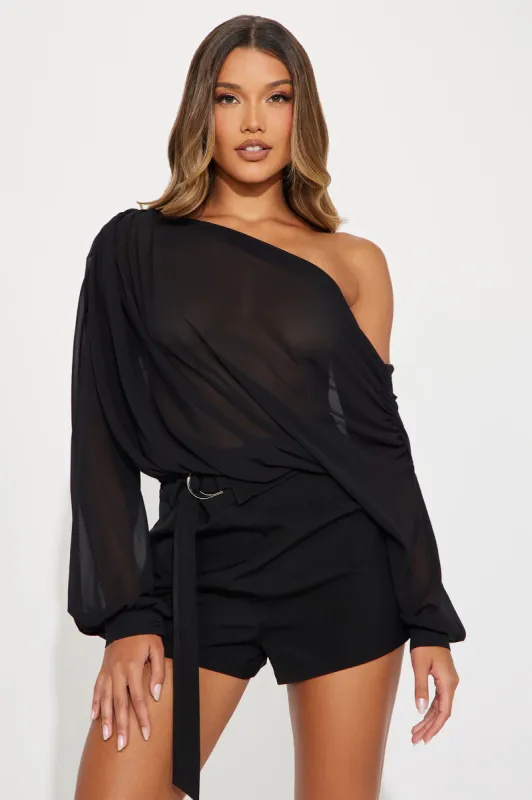 Taking Notice Chiffon Romper - Black sold by Fashion Nova