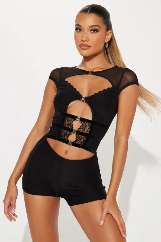 Main Character Mesh Romper - Black sold by Fashion Nova
