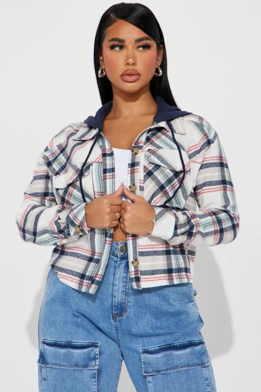 Prime Plaid Hooded Shirt - Blue/combo sold by Fashion Nova