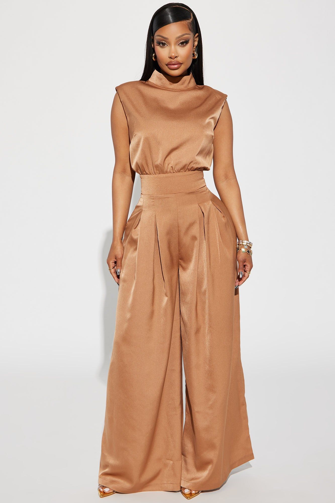 Name Of The Game Satin Jumpsuit - Camel sold by Fashion Nova