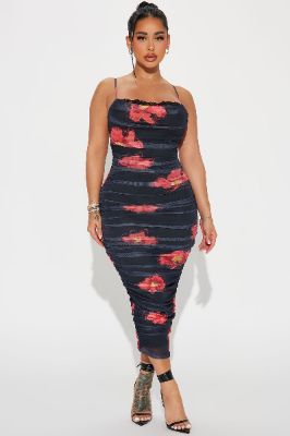 Dahlia Ruched Midi Dress - Black/combo sold by Fashion Nova