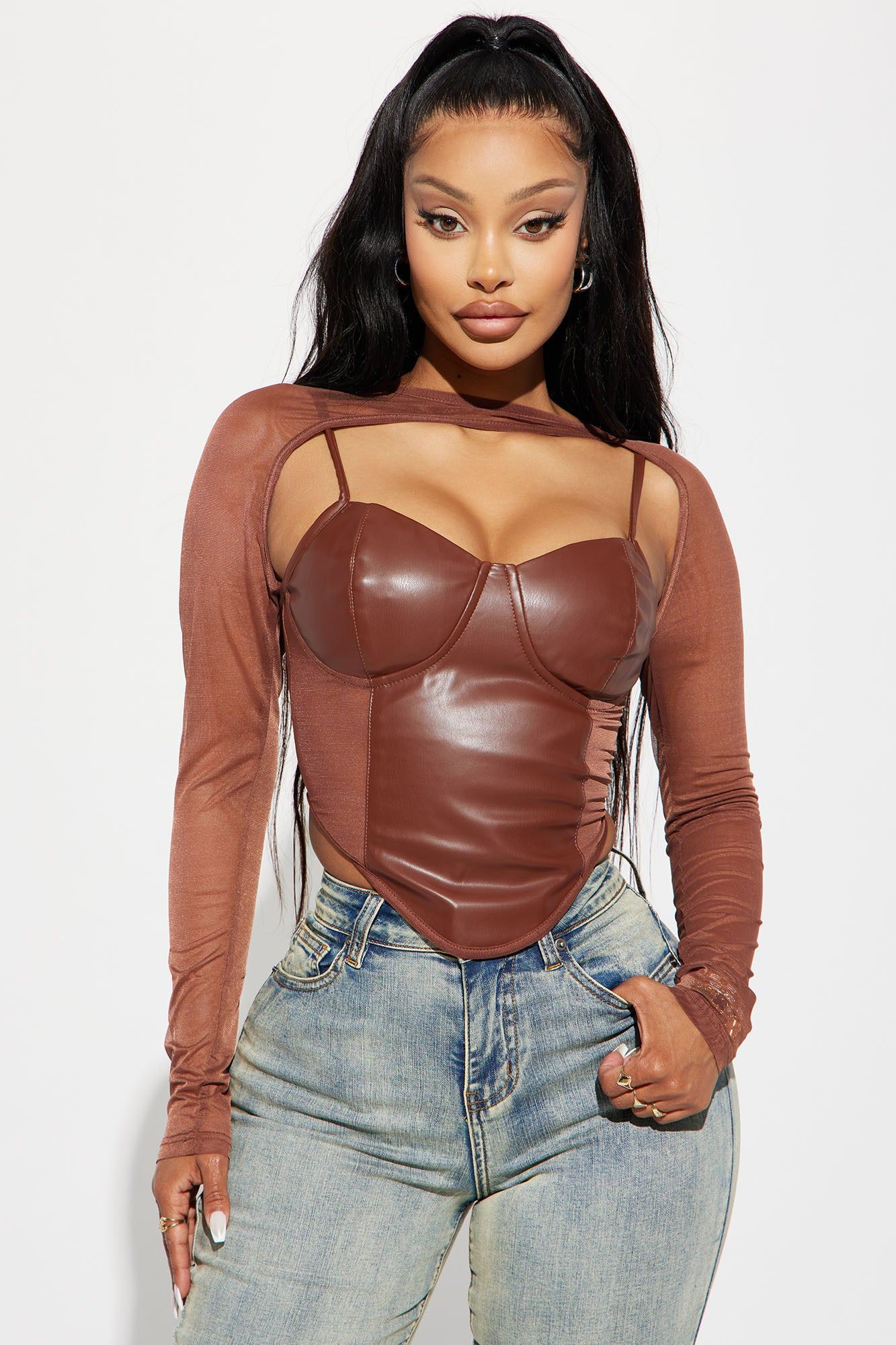 Denice PU Corset Top - Brown sold by Fashion Nova