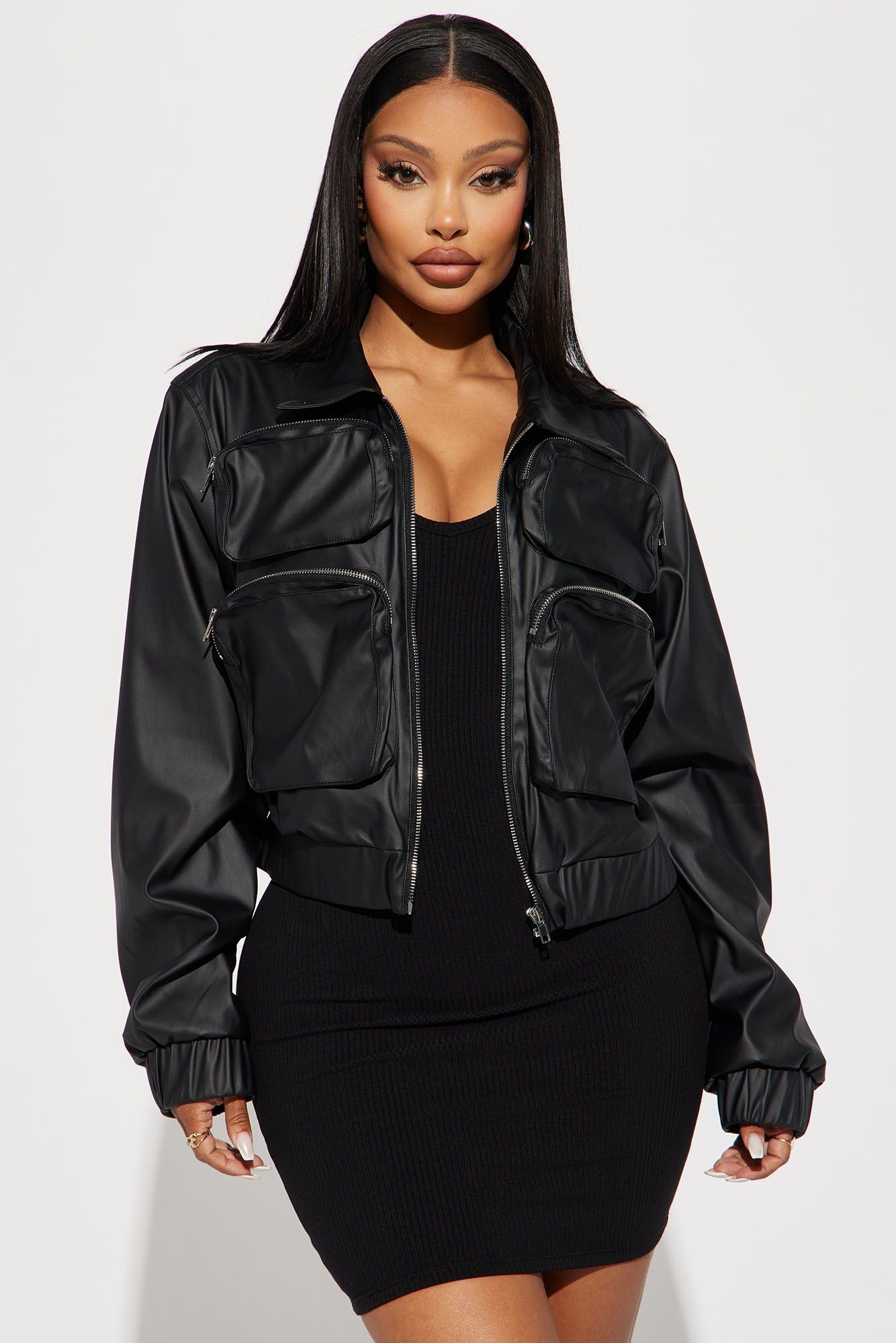 Fair And Square Faux Leather Bomber Jacket - Black sold by Fashion Nova