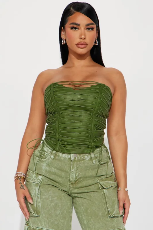 Never Complicated Faux Leather Corset Top - Green sold by Fashion Nova