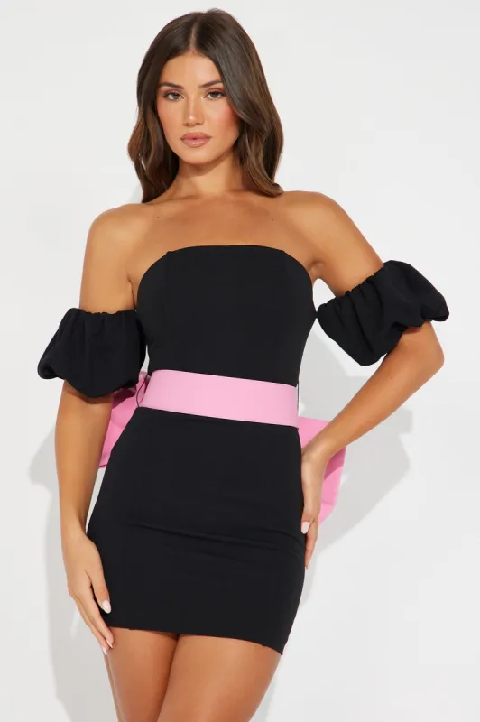 Amelie's Bow Mini Dress - Black/combo sold by Fashion Nova