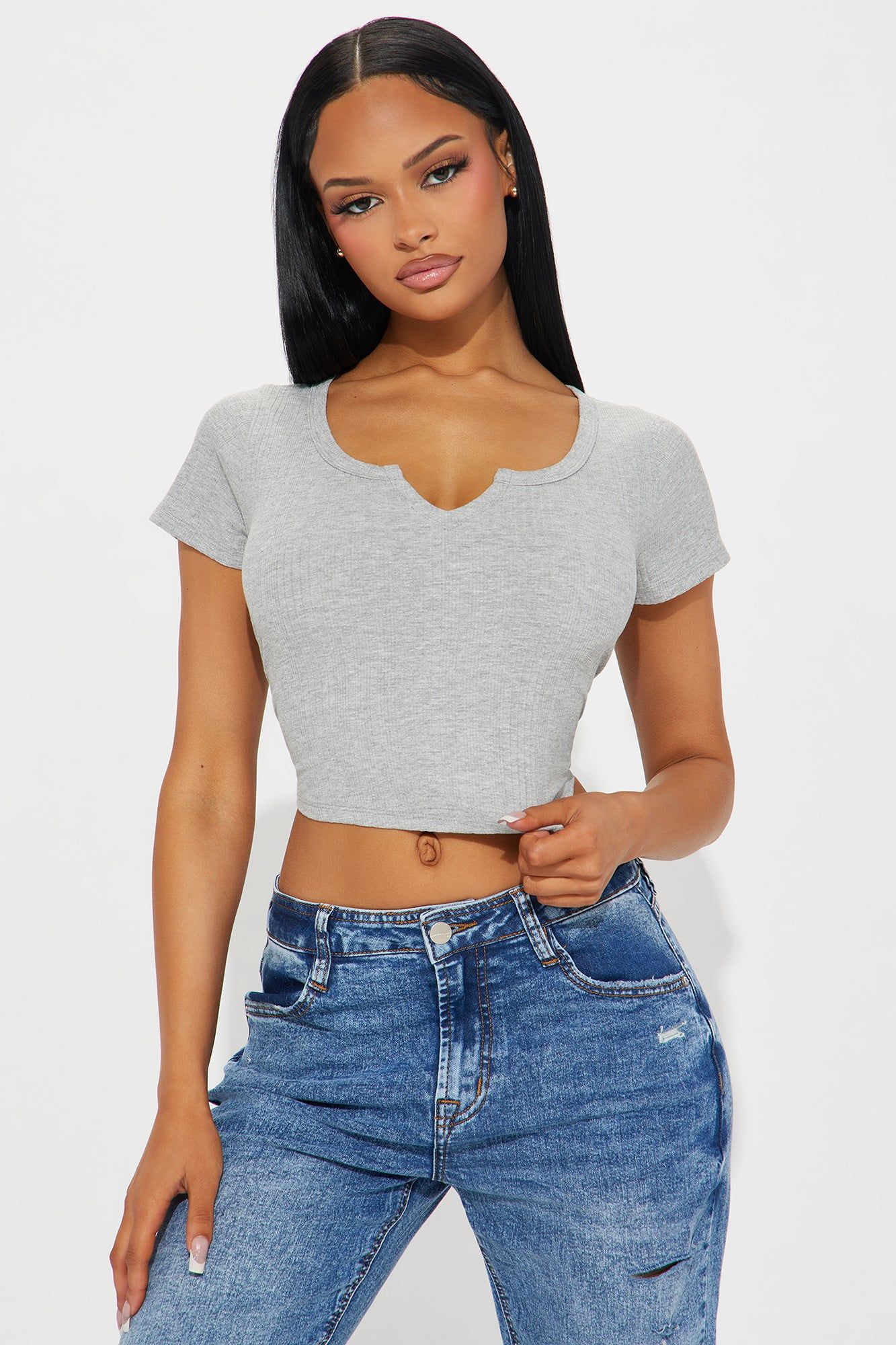 Bailey Ribbed Notched Top - HeatherGrey sold by Fashion Nova