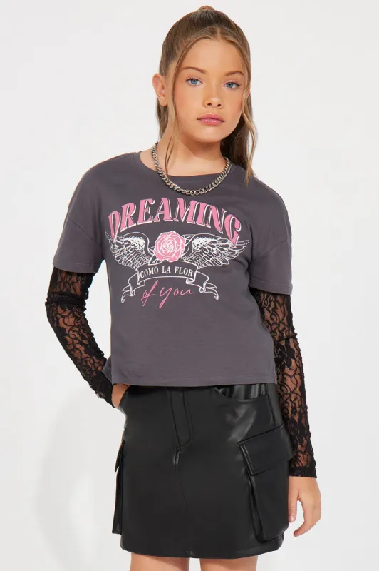 Mini Dreaming Black Lace Long Sleeve - Dark Wash sold by Fashion Nova