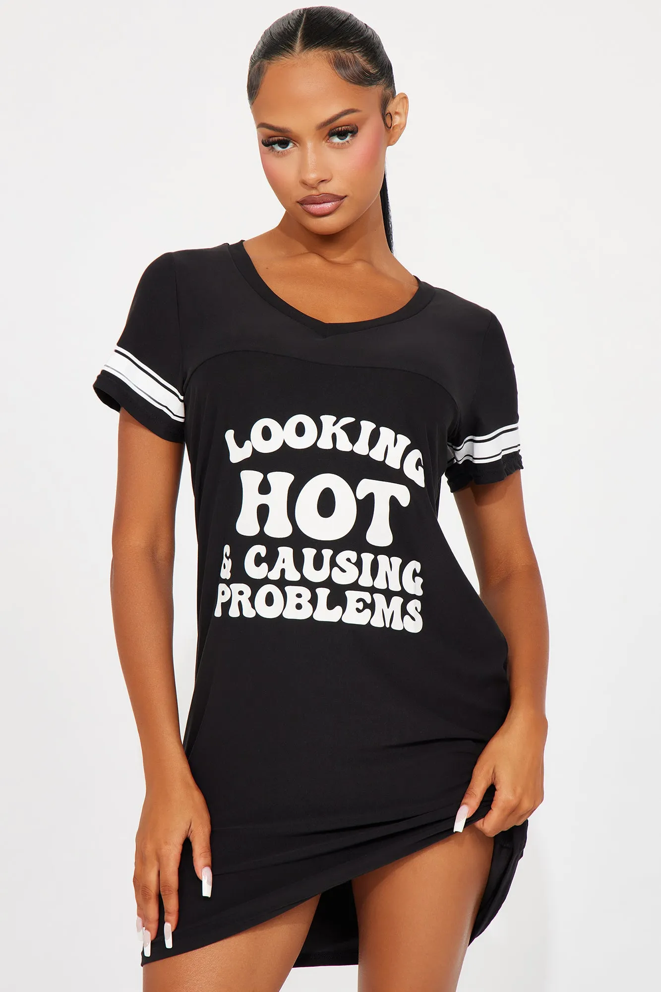 Looking Hot And Causing Problems PJ Sleep Shirt - Black/White sold by Fashion Nova
