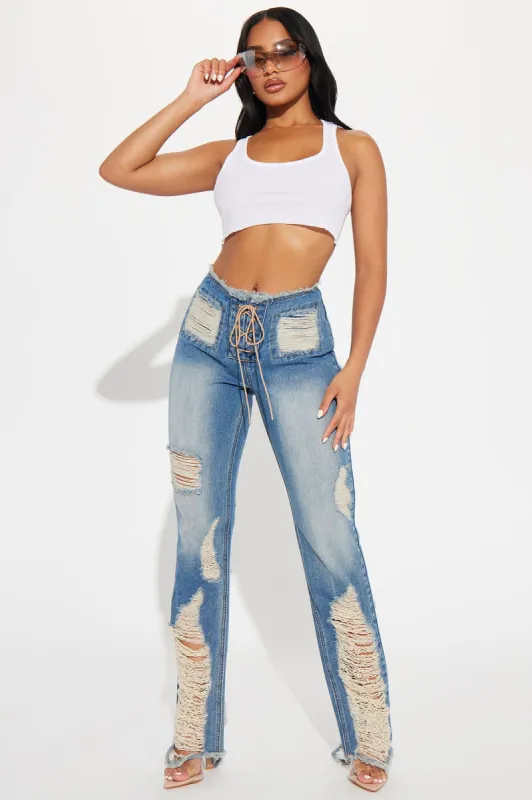 Taking A Risk Tinted Ripped Lace Up Bootcut Jeans - Vintage Wash sold by Fashion Nova