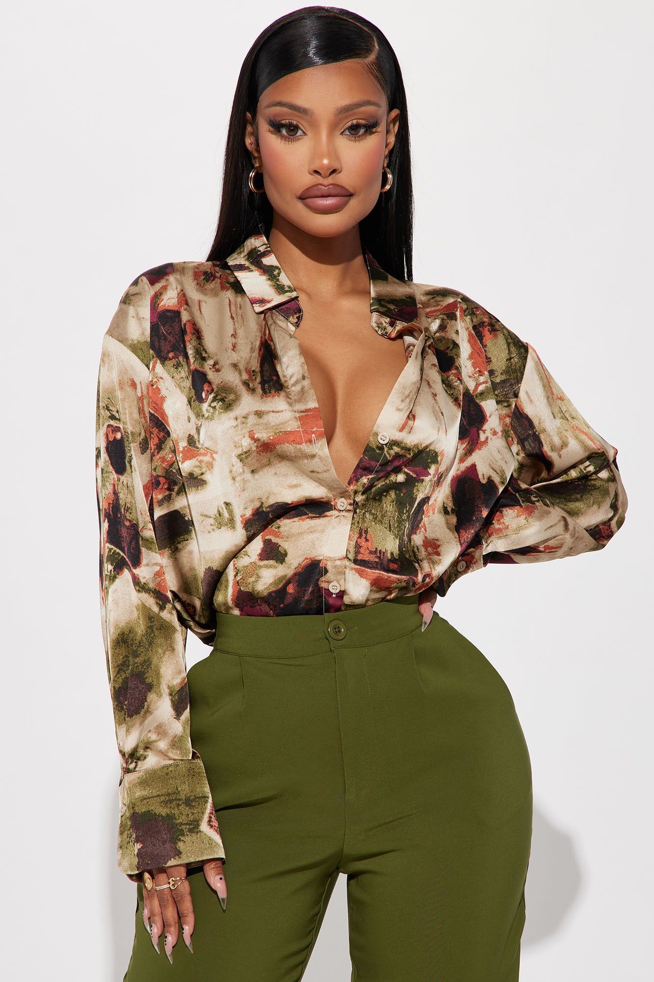 Office Duties Satin Shirt - Green/combo sold by Fashion Nova