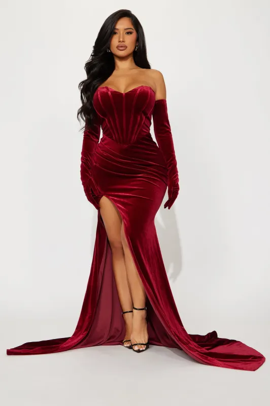 Adeline Velvet Gown - Wine sold by Fashion Nova