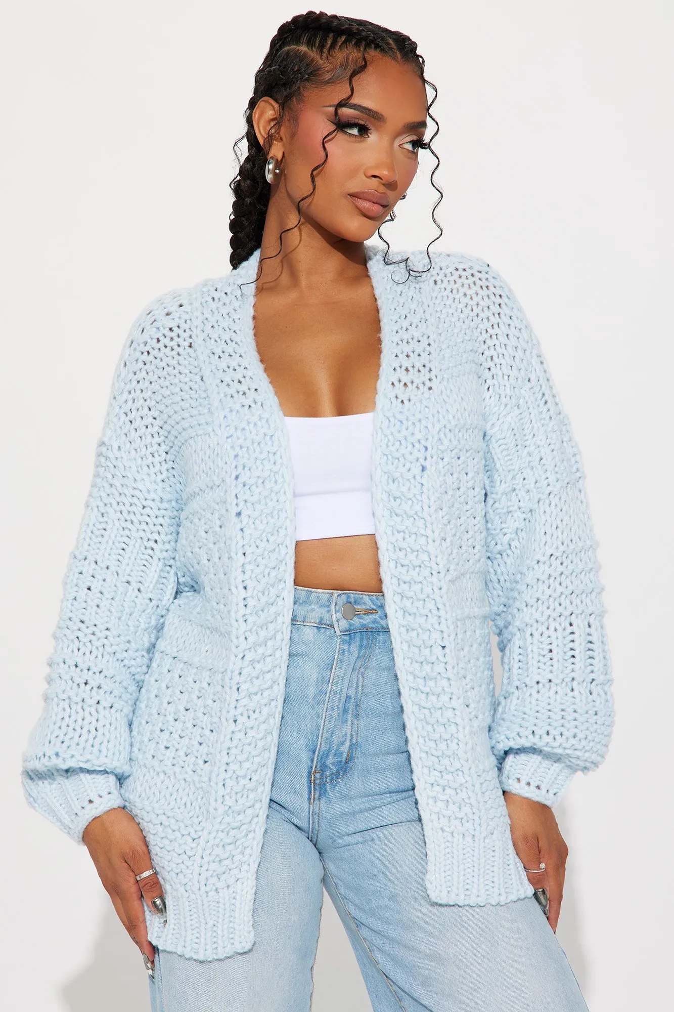 Izzy Chunky Knit Cardigan - Light Blue sold by Fashion Nova