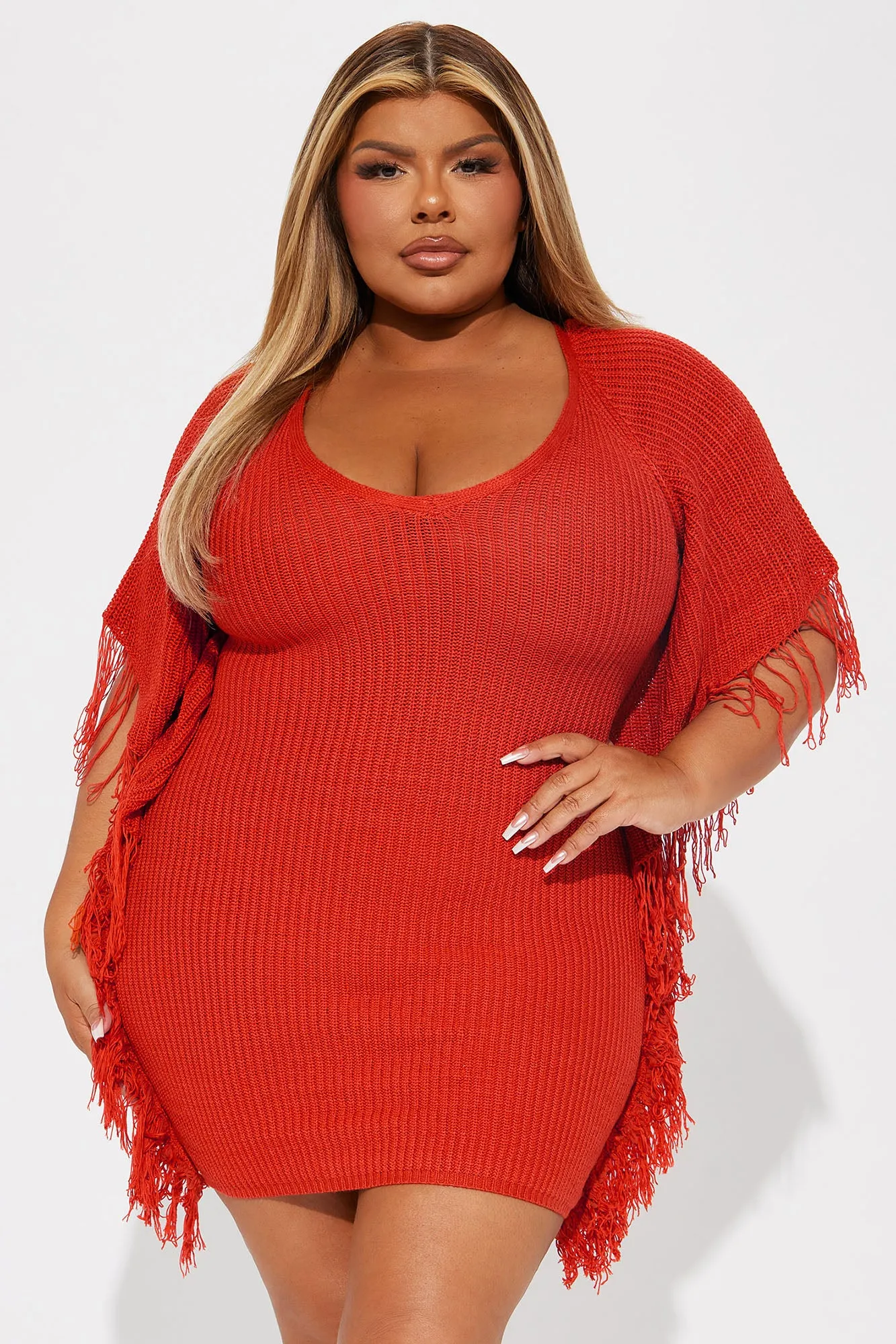 Dia Knit Solid Fringe Mini Dress - Rust sold by Fashion Nova product image thumbnail 4