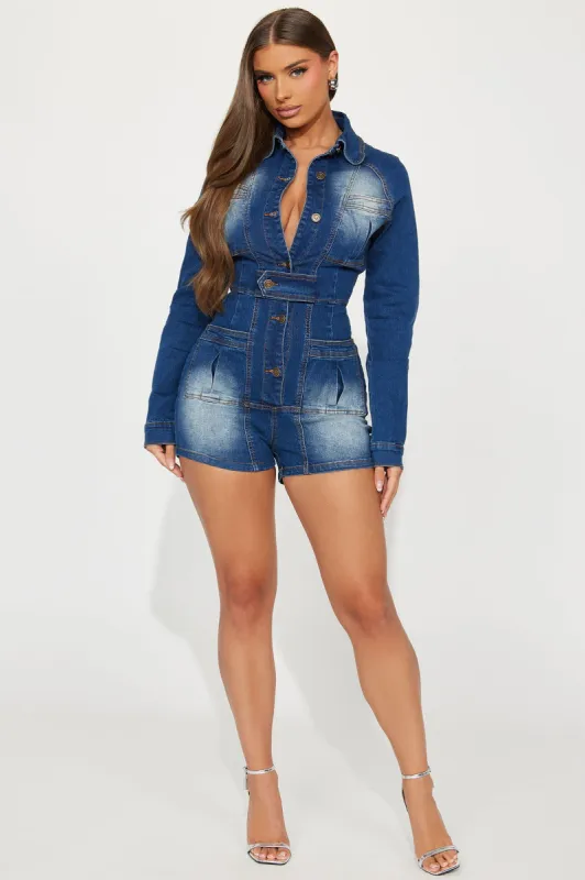 All Good Denim Romper - Medium Wash sold by Fashion Nova