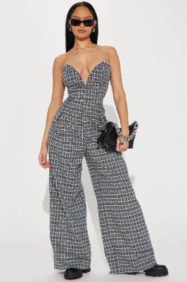 Let Me Out Plaid Jumpsuit - Charcoal/combo sold by Fashion Nova