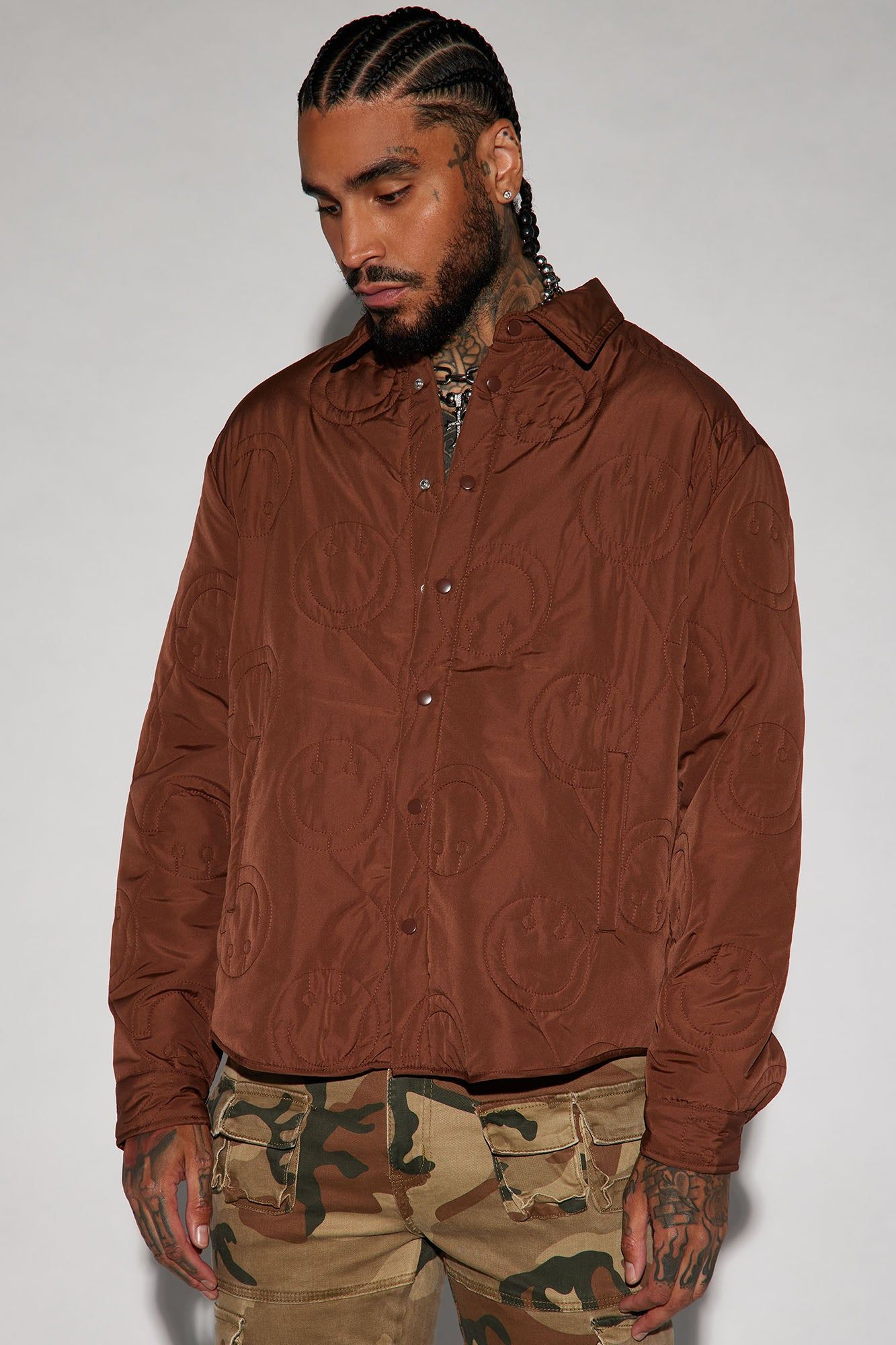 Smiley Quilted Nylon Shacket - Brown sold by Fashion Nova
