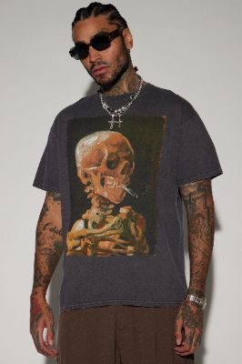 Vincent Van Gogh Smoking Skeleton Short Sleeve Tee - Charcoal made by Fashion Nova