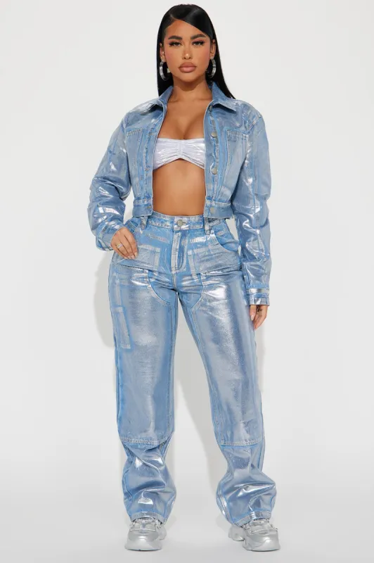 Big Time Magic Metallic Coated Straight Leg Jeans - Light Wash sold by Fashion Nova