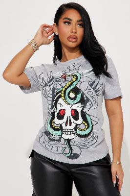 Ed Hardy Skull Rhinestone Tee - Heather Grey sold by Fashion Nova