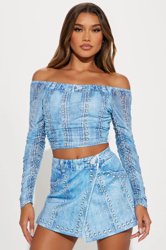 Unbothered Denim Print Skort Set - Blue sold by Fashion Nova
