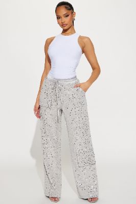 Cheer Up Sequin Cargo Pant - Grey sold by Fashion Nova