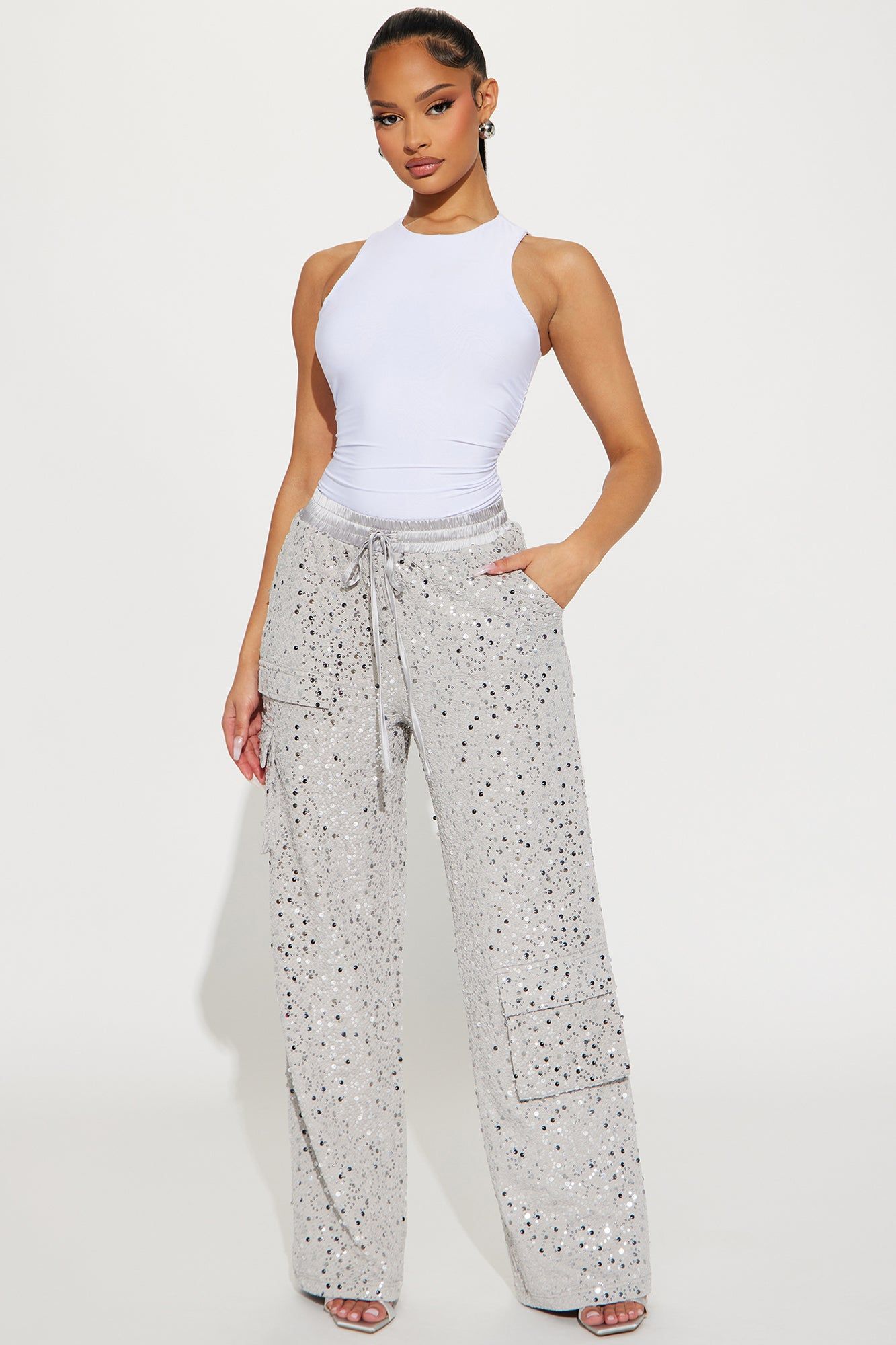 Cheer Up Sequin Cargo Pant - Grey sold by Fashion Nova
