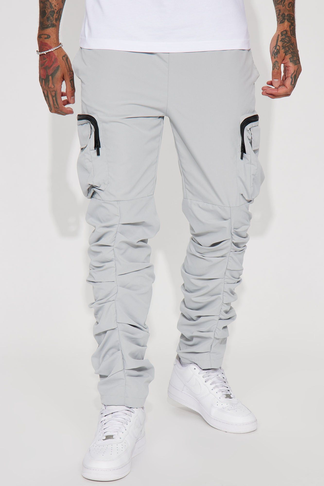 Stacked Ruched Nylon Cargo Pants - Grey sold by Fashion Nova