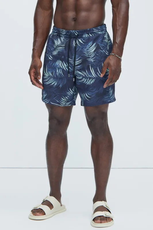 Kirk Palm Swim Trunks - Black/combo sold by Fashion Nova