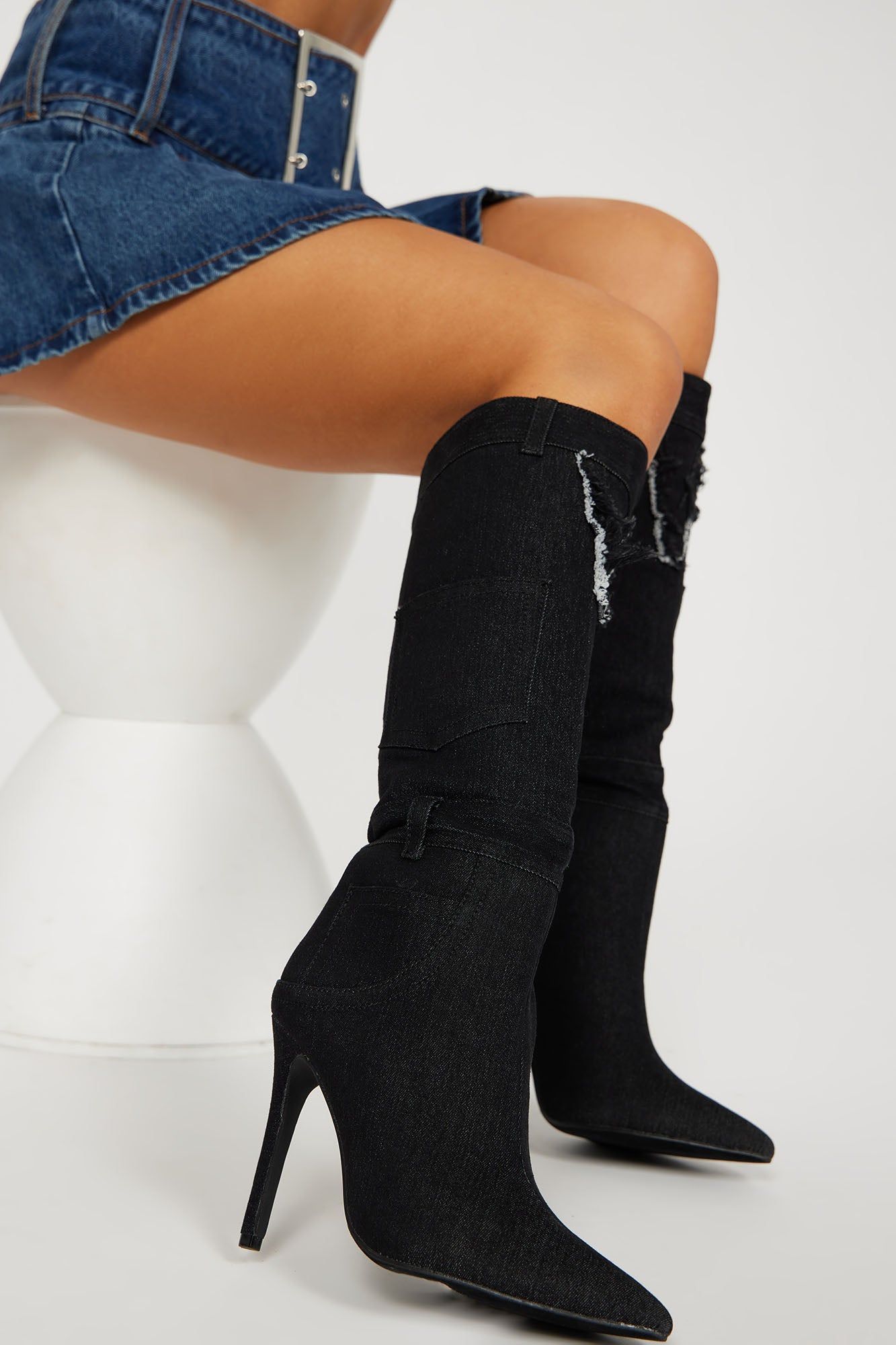Brynlee Denim Knee High Boots - Black Wash sold by Fashion Nova