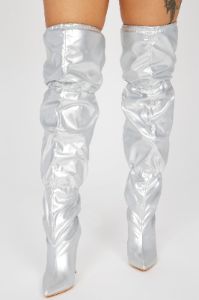 One Of A Kind Over The Knee Boots - Silver sold by Fashion Nova