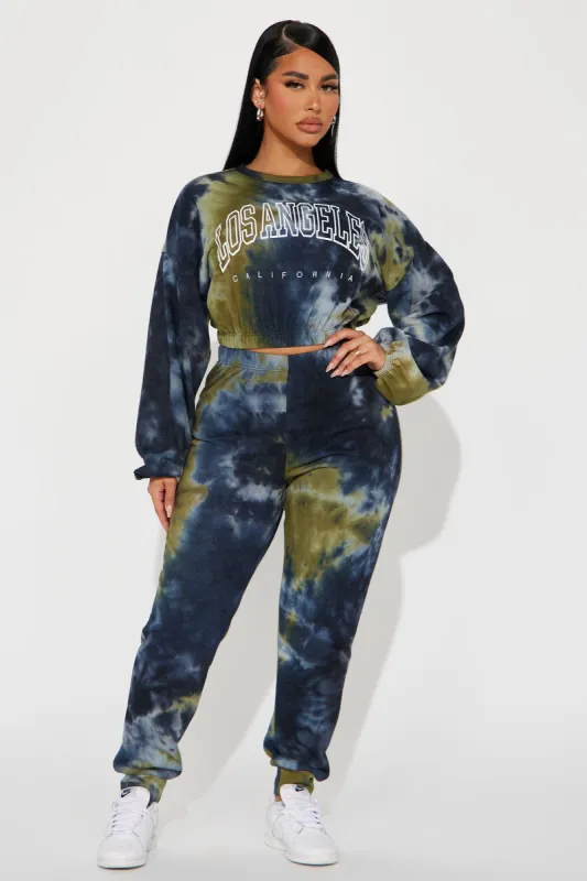 Los Angeles Tie Dye Jogger Set - Olive/combo sold by Fashion Nova