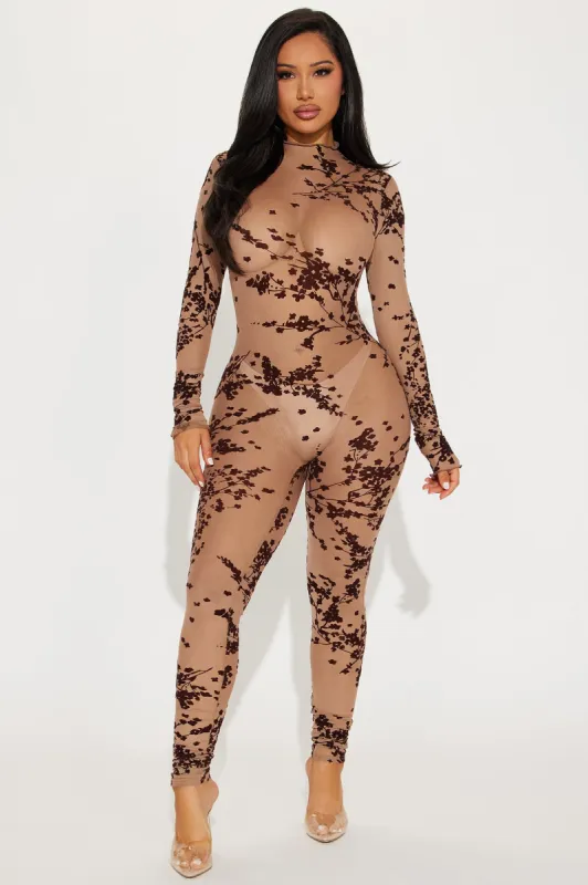 Always Yours Mesh Jumpsuit  - Taupe sold by Fashion Nova