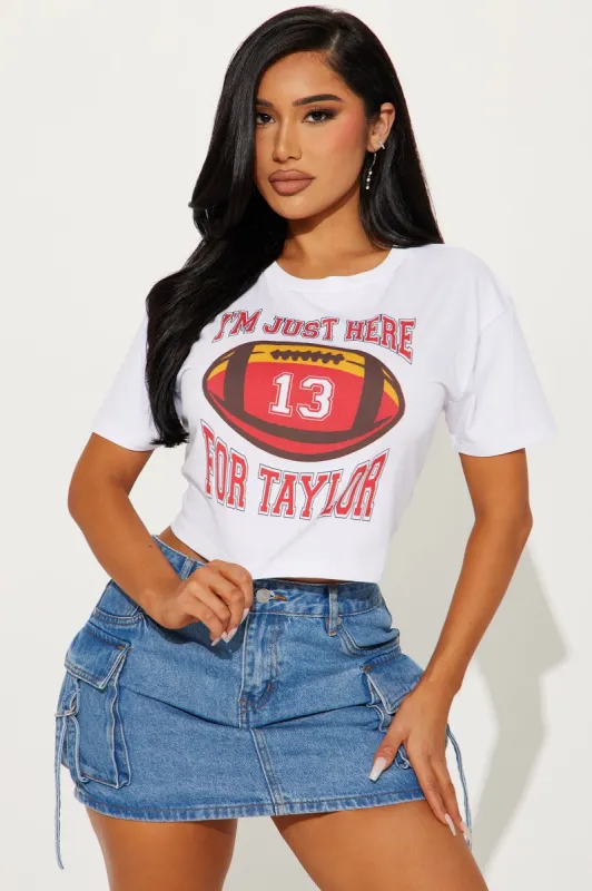 I'm Just Here For Taylor Football Crop Top - White sold by Fashion Nova