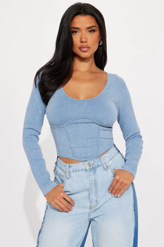 Mia Washed Long Sleeve Top - Blue sold by Fashion Nova